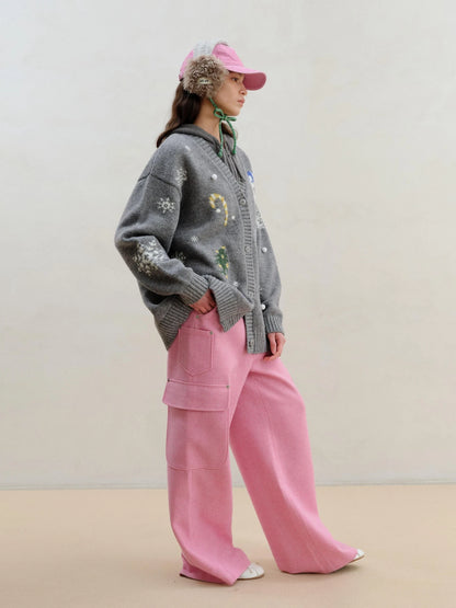 Wool Pink Cargo Pants Multi Pocket Straight Leg Trousers