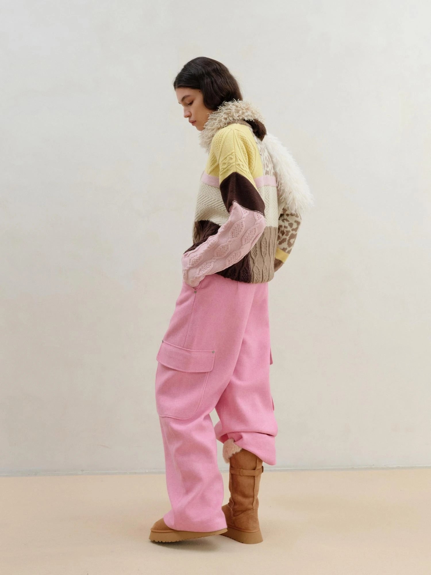 Wool Pink Cargo Pants Multi Pocket Straight Leg Trousers