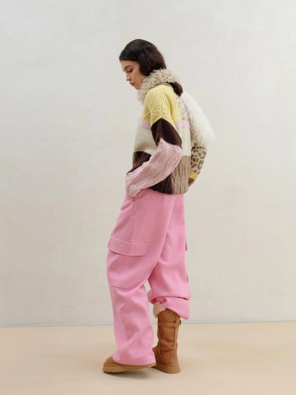 Wool Pink Cargo Pants Multi Pocket Straight Leg Trousers