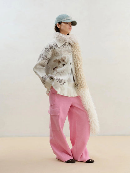 Wool Pink Cargo Pants Multi Pocket Straight Leg Trousers