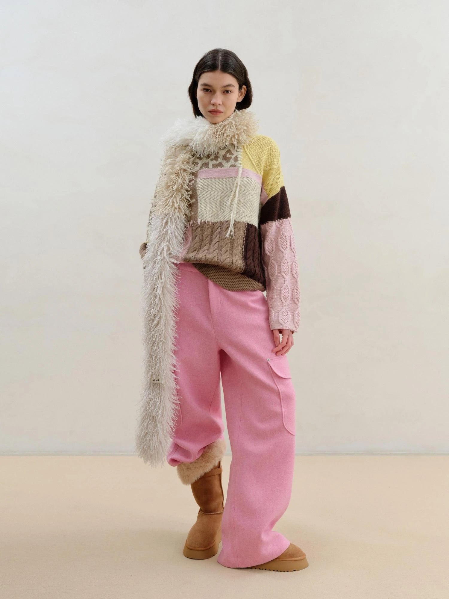 Wool Pink Cargo Pants Multi Pocket Straight Leg Trousers