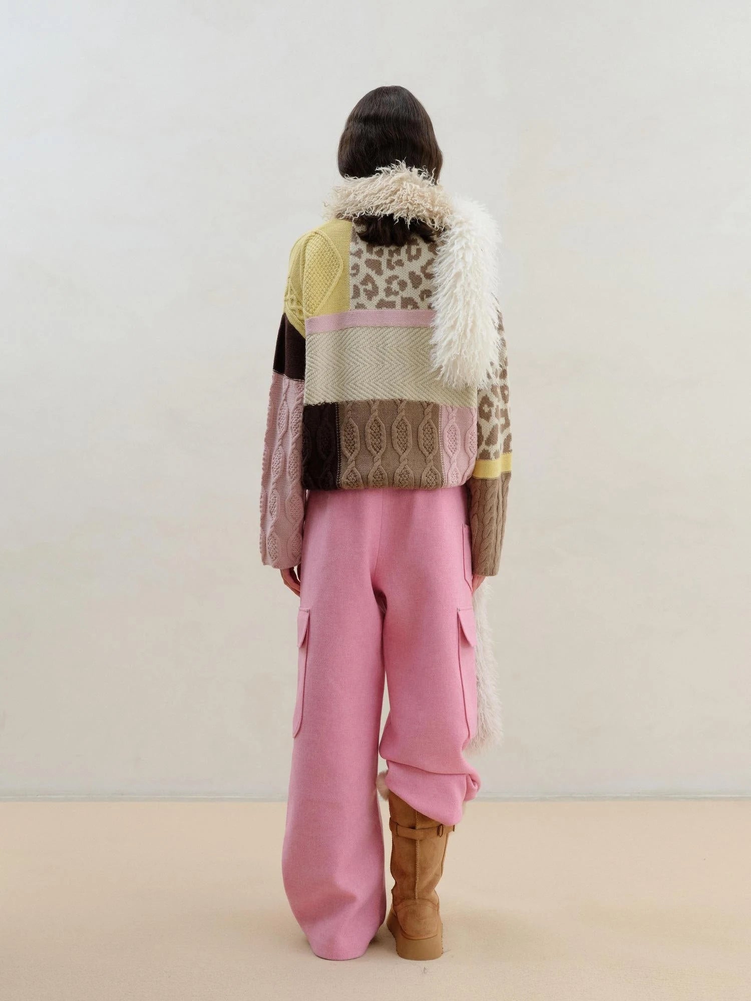 Wool Pink Cargo Pants Multi Pocket Straight Leg Trousers