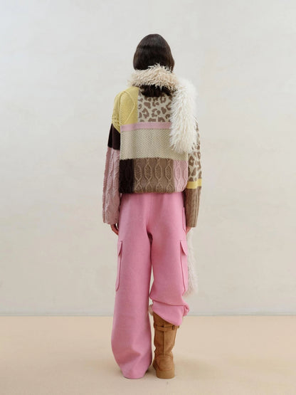 Wool Pink Cargo Pants Multi Pocket Straight Leg Trousers