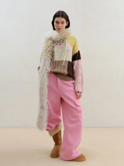 Wool Pink Cargo Pants Multi Pocket Straight Leg Trousers