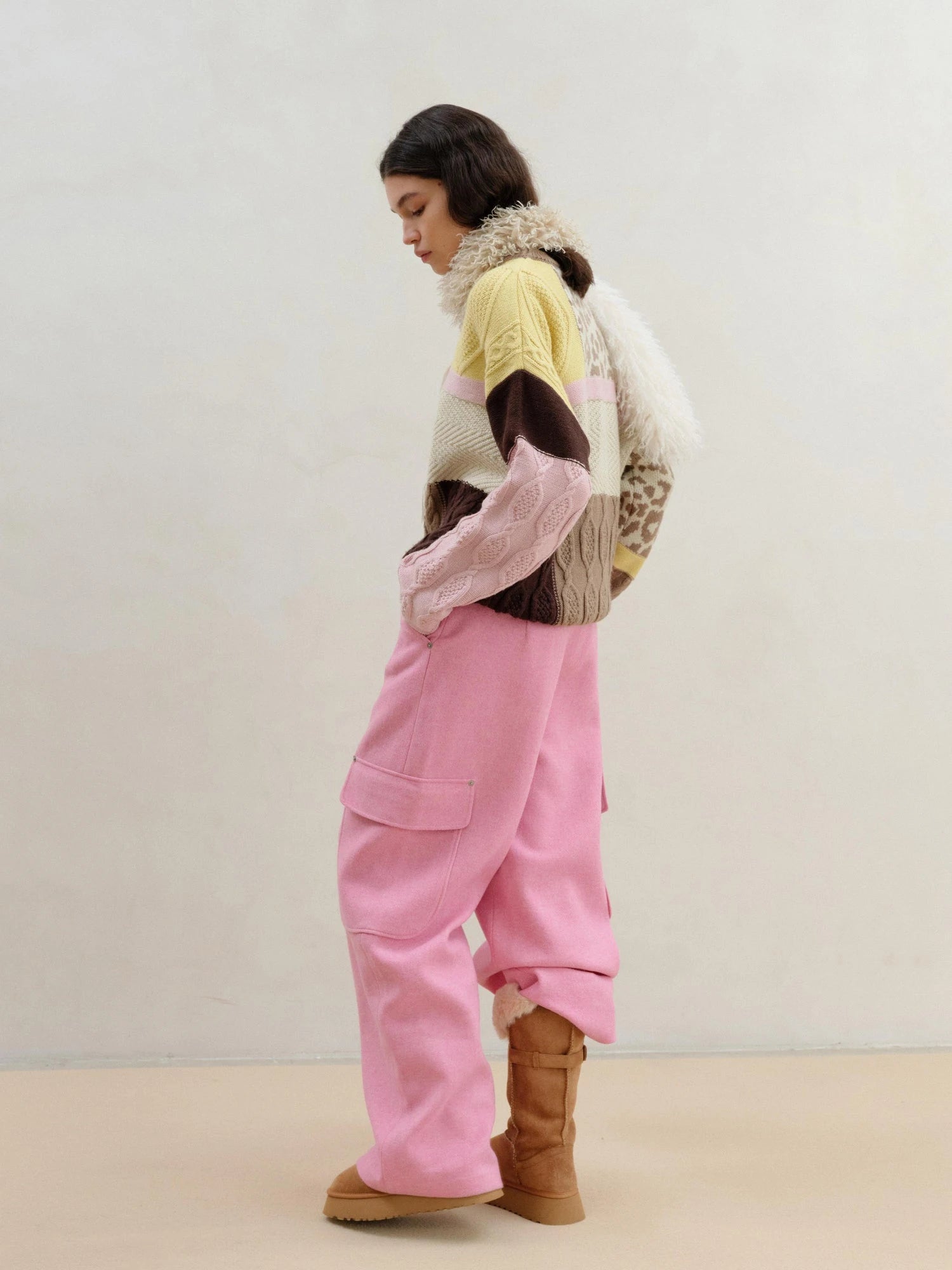 Wool Pink Cargo Pants Multi Pocket Straight Leg Trousers