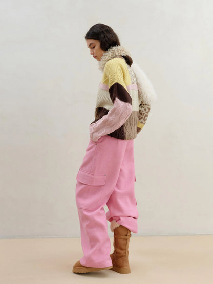 Wool Pink Cargo Pants Multi Pocket Straight Leg Trousers