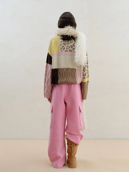 Wool Pink Cargo Pants Multi Pocket Straight Leg Trousers