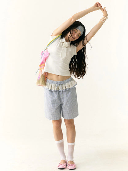 Wrinkled Lace Gingham Cotton Mid Length Shorts