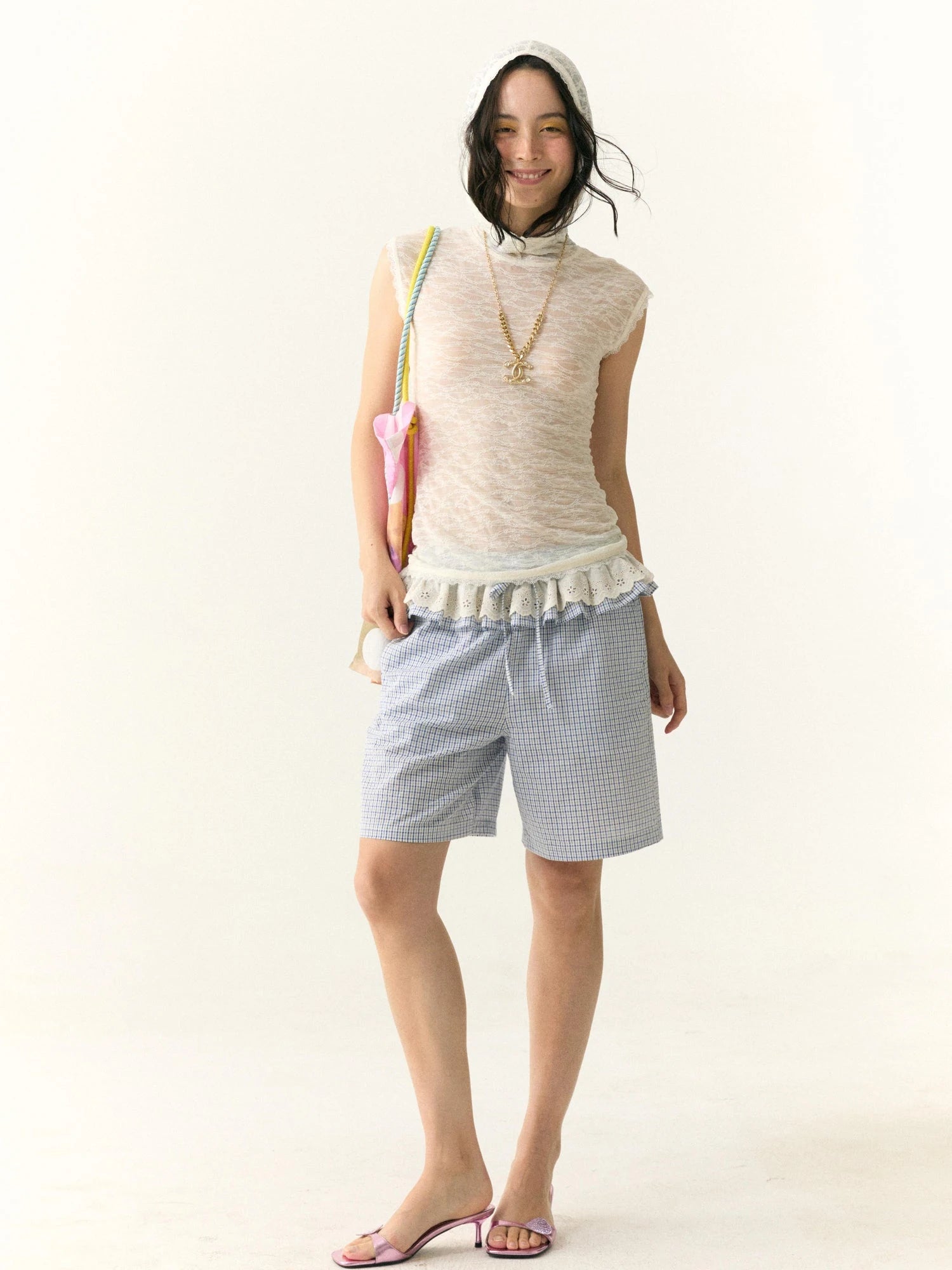 Wrinkled Lace Gingham Cotton Mid Length Shorts