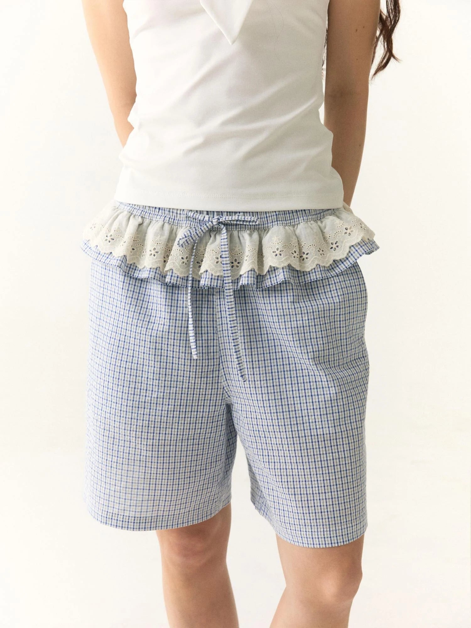Wrinkled Lace Gingham Cotton Mid Length Shorts