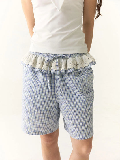 Wrinkled Lace Gingham Cotton Mid Length Shorts