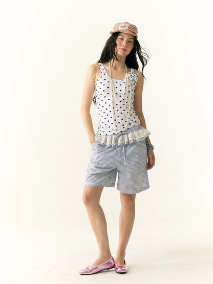 Wrinkled Lace Gingham Cotton Mid Length Shorts