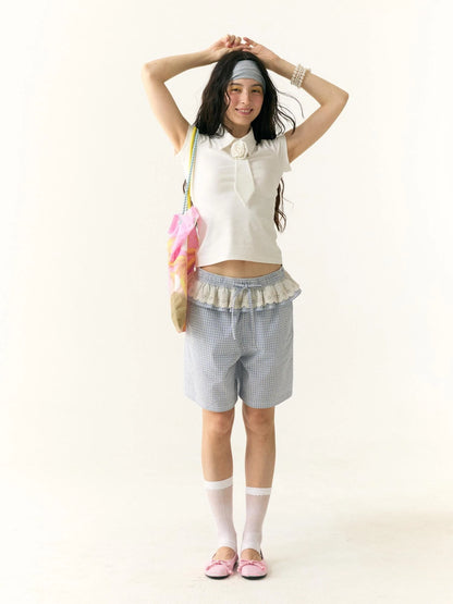 Wrinkled Lace Gingham Cotton Mid Length Shorts