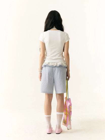 Wrinkled Lace Gingham Cotton Mid Length Shorts