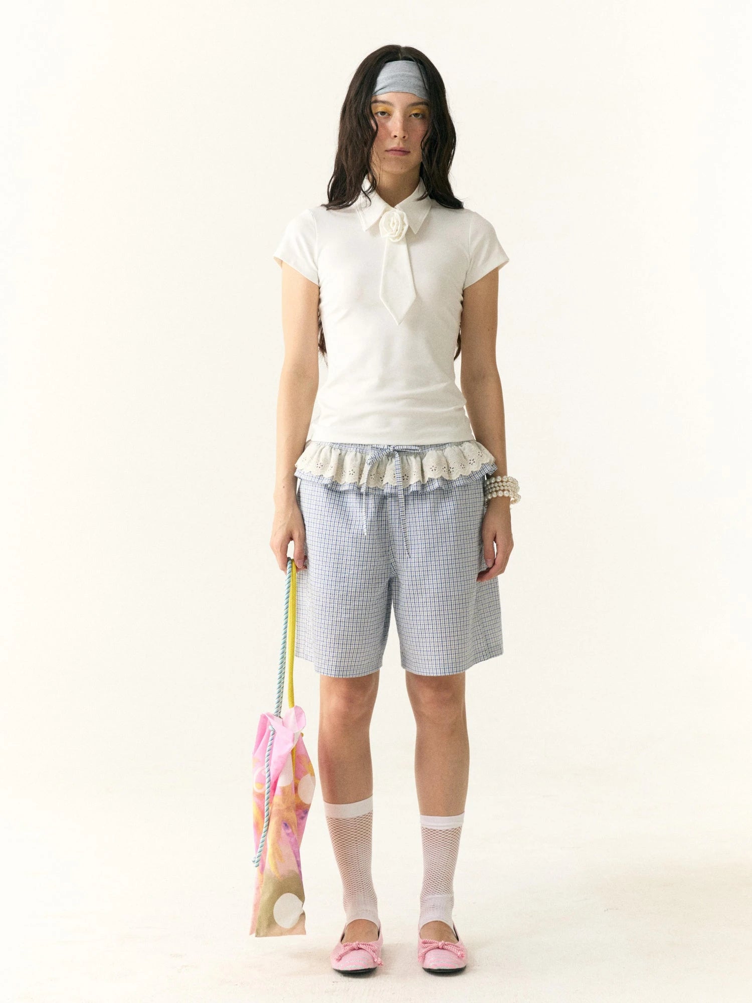 Wrinkled Lace Gingham Cotton Mid Length Shorts