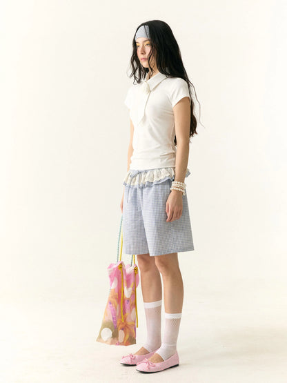 Wrinkled Lace Gingham Cotton Mid Length Shorts