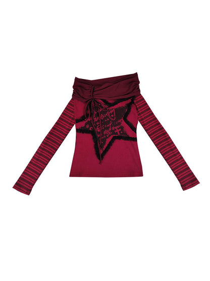 WSW WUSHENWU Red Black Plaid Torn Knit Top
