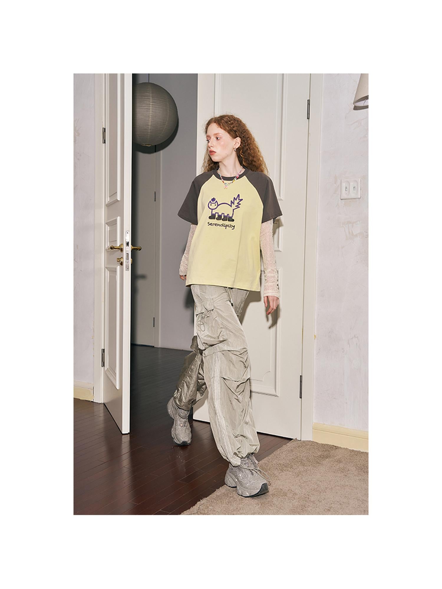 DIDDI MODA Playful Colorblock Cartoon Toothbrush Embroidery Cotton Tee