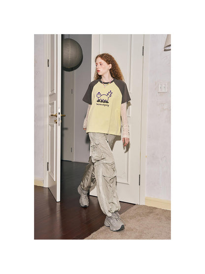 DIDDI MODA Playful Colorblock Cartoon Toothbrush Embroidery Cotton Tee