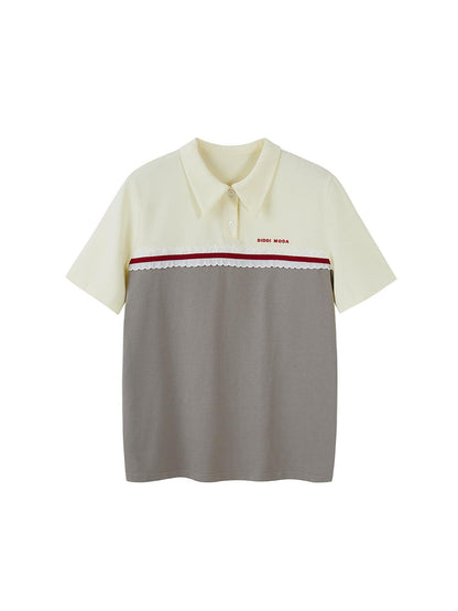 DIDDI MODA Colorblock Ribbed Polo Tee With Letter Print