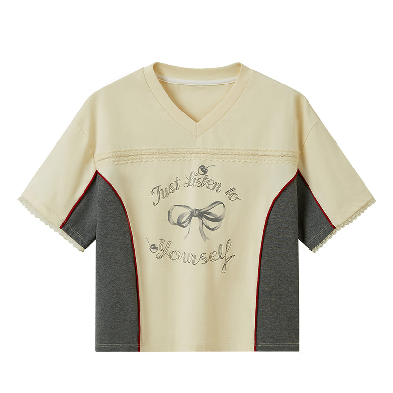 DIDDI MODA Sporty V Neck Cherry Bow Print Mesh Tee