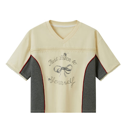 DIDDI MODA Sporty V Neck Cherry Bow Print Mesh Tee