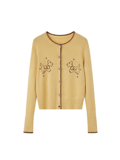 DIDDI MODA Cozy Shell Embroidered Puppy Knit Cardigan